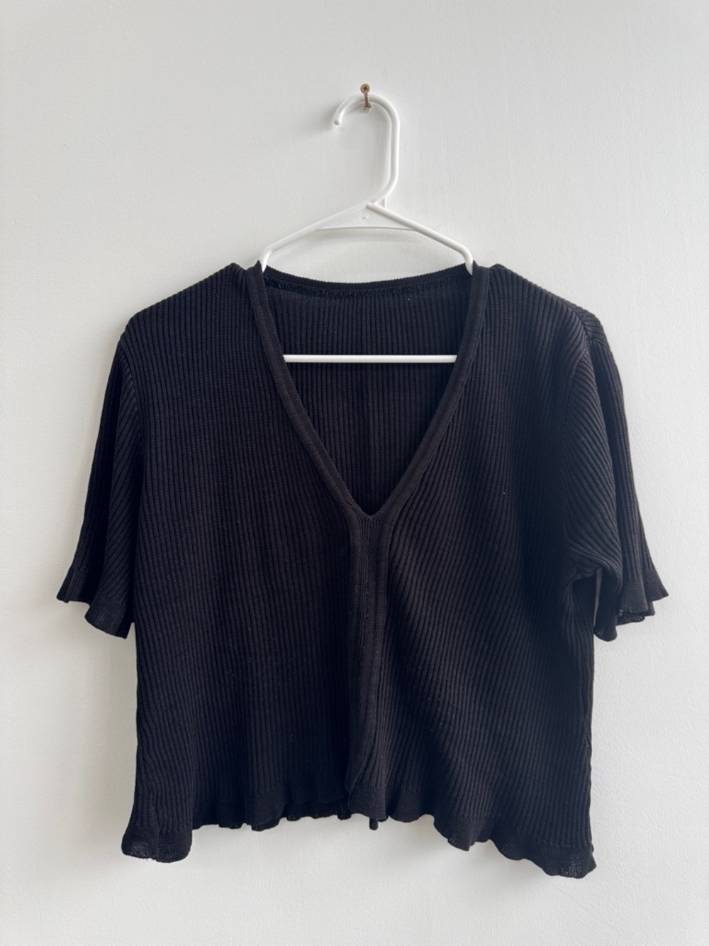 Black Ribbed V-Neck Women's Top